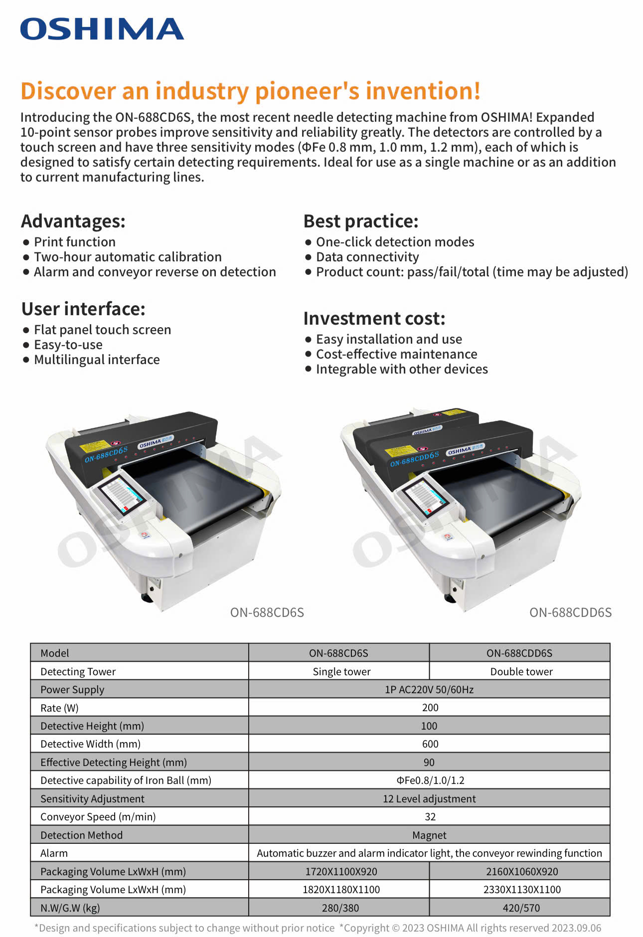 Máy Dò Kim Loại 1 Gông OSHIMA ON-688CD6S Thông số kỹ thuật Máy Dò Kim OSHIMA ON-688